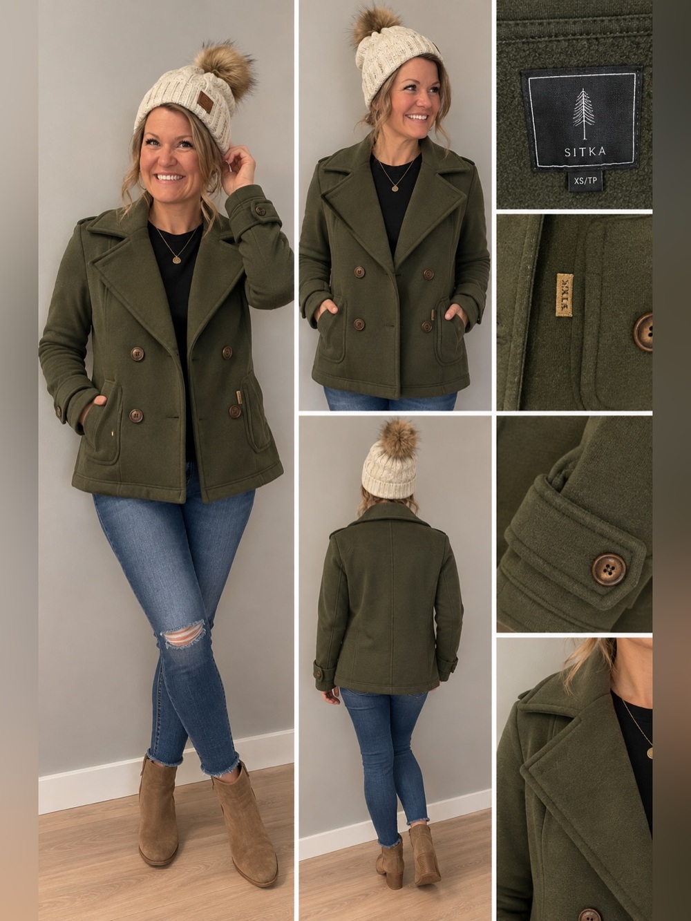 Sitka Olive Hunter Green Double Breasted Cotton Peacoat Jacket XS